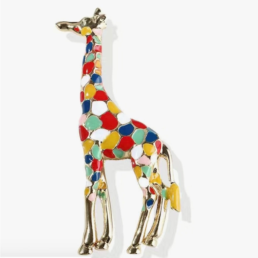 Giraffe Costume Jewelry W/ Multicolored Spots. Goldtone Metal Enameled Spots